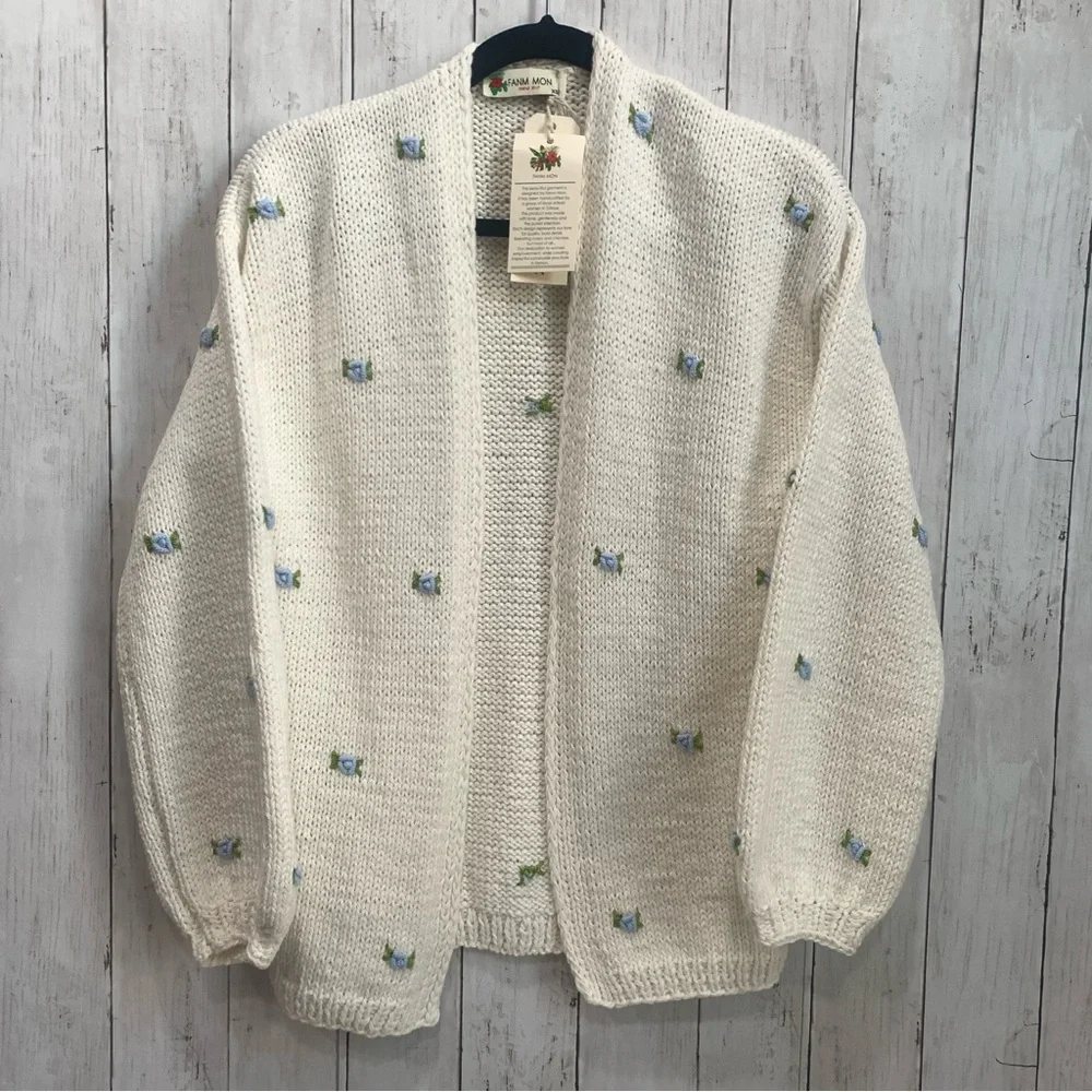 Fanm Mon Hand Knit embroidered blue rose cardigan cotton handcrafted XS/S NEW - Picture 1 of 15